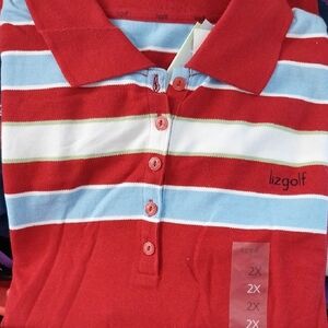 Ladies Plus Size Red & Light Blue Striped Polo Golf Shirt